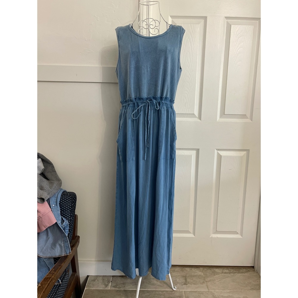 Cato Dress Blue Hand Dyed Maxi XL Sleeveless Ribbed Pockets Coastal Beach  Relax